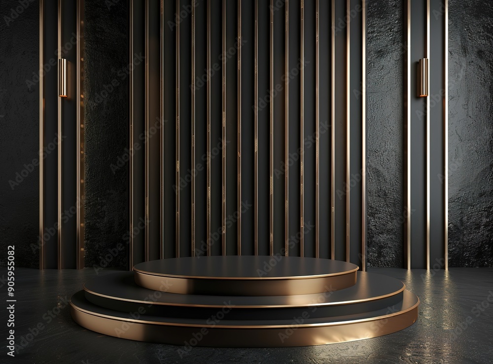 Luxurious Black and Gold Podium with Vertical Stripes - Ideal for High-End Product Showcase and Award Ceremonies Luxurious Black and Gold Podium with Vertical Stripes - Ideal for High-End Product Showcase and Award Ceremonies