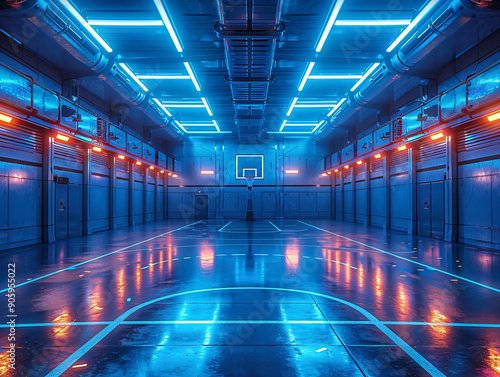 a futuristic spacecraft basketball court room with blue lighting and a curved ceiling.