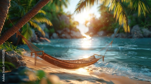 Hammock in backyard at sunny day. Concept for relaxation, rural tourism. Selective focus