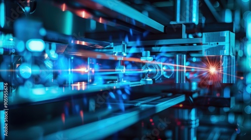 Close-up of a Complex Industrial Machine with a Red Laser Beam