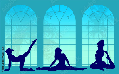 vector silueta femenina, yoga, ballet, estiramientos, deporte, flexibilidad, postura yoga, ventanal, contra luz