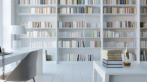 Workplace with a not book on the desk, and white bookshelf in the white library Background. copy space for text. Image of education. photo