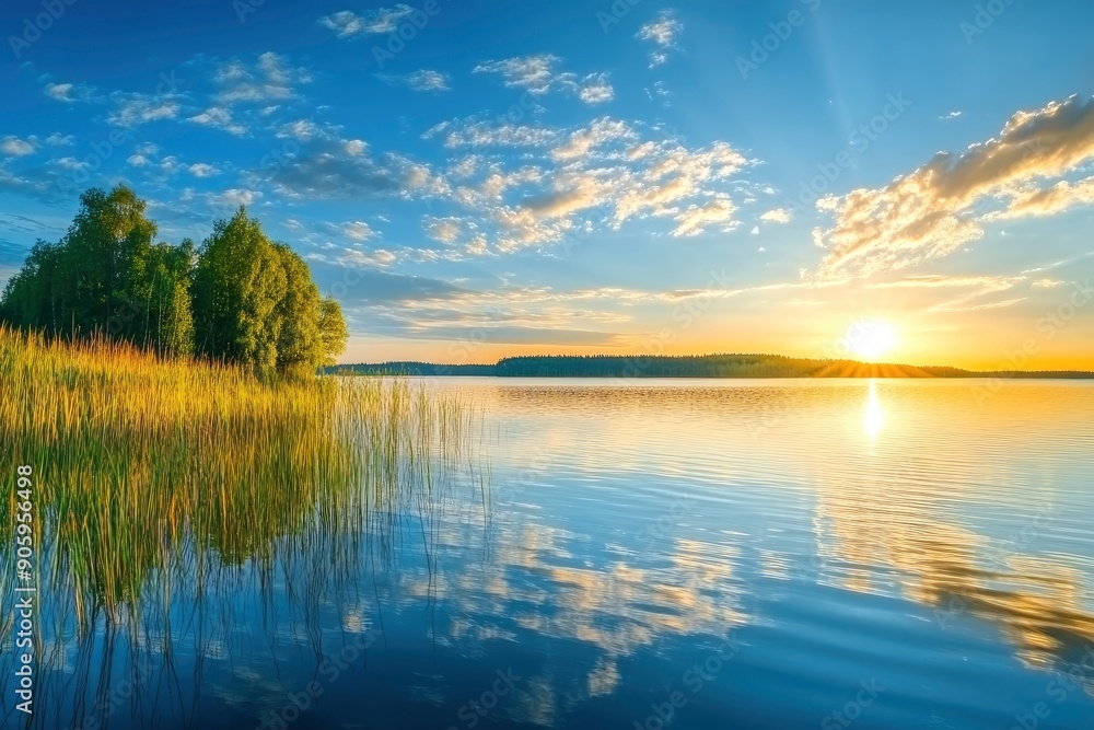 Fototapeta premium sunset at coast of the lake. Nature landscape. Nature in northern Europe. reflection, blue sky and yellow sunlight. landscape during sunset, ai