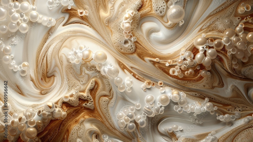 This abstract image showcases a swirling pattern of white and brown colors, resembling liquid marble or a coffee mix. The white orbs represent bubbles, air pockets, or pearls, adding a textural elemen This abstract image showcases a swirling pattern of white and brown colors, resembling liquid marble or a coffee mix. The white orbs represent bubbles, air pockets, or pearls, adding a textural elemen