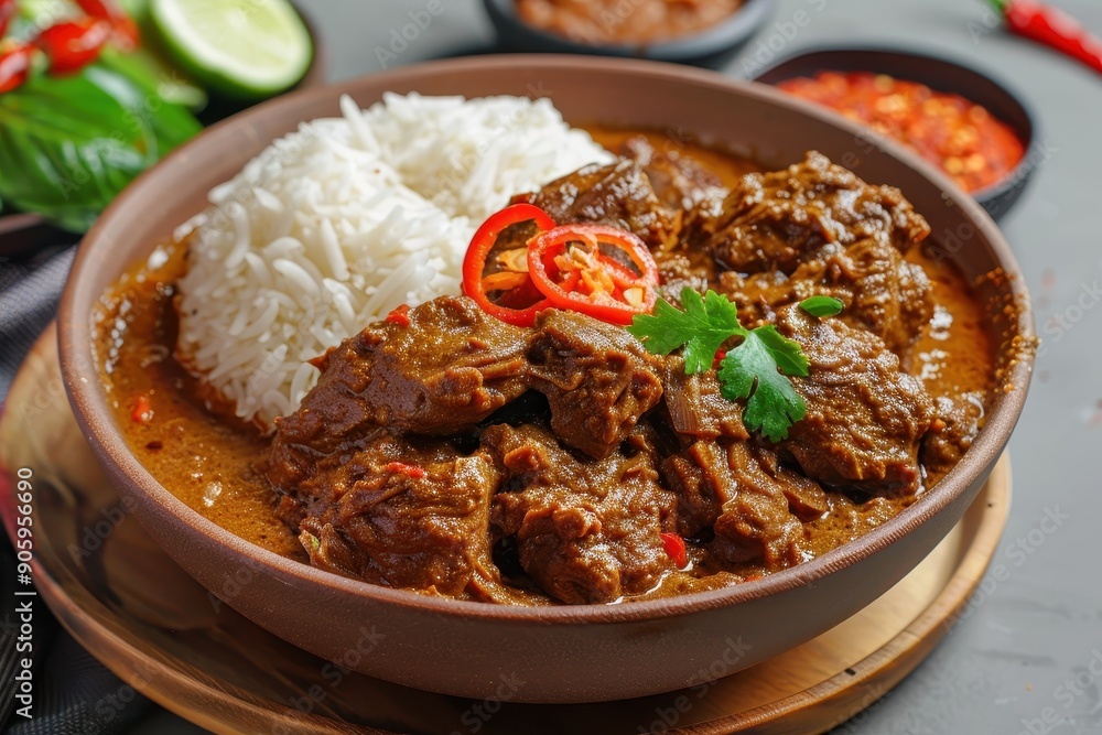 Beef Curry with Rice, Peppers, and Cilantro in a Brown Bowl Beef Curry with Rice, Peppers, and Cilantro in a Brown Bowl