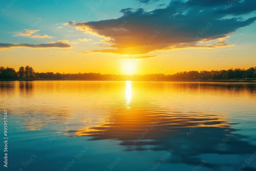 sunset at coast of the lake. Nature landscape. Nature in northern Europe. reflection, blue sky and yellow sunlight. landscape during sunset, ai