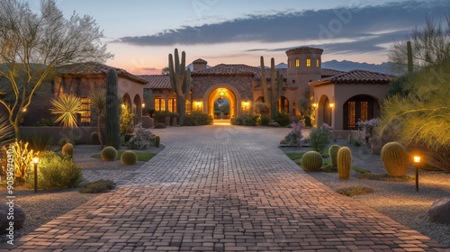 The driveway of an elegant home in the desert, with lights on and large landscaping around it It has arched doorways leading to its wide cobblestone driveway