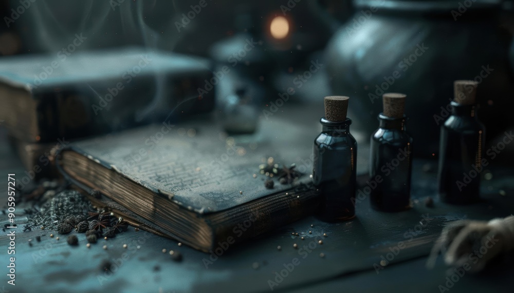 A dusty old book, potion bottles and spices lay on a table, hinting at a magical brew. A dusty old book, potion bottles and spices lay on a table, hinting at a magical brew.