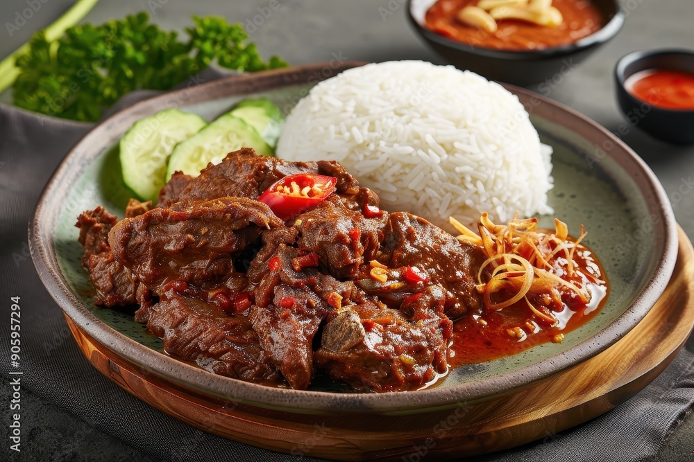 Stewed Beef with Rice, Chili Peppers, and Cucumber Garnish