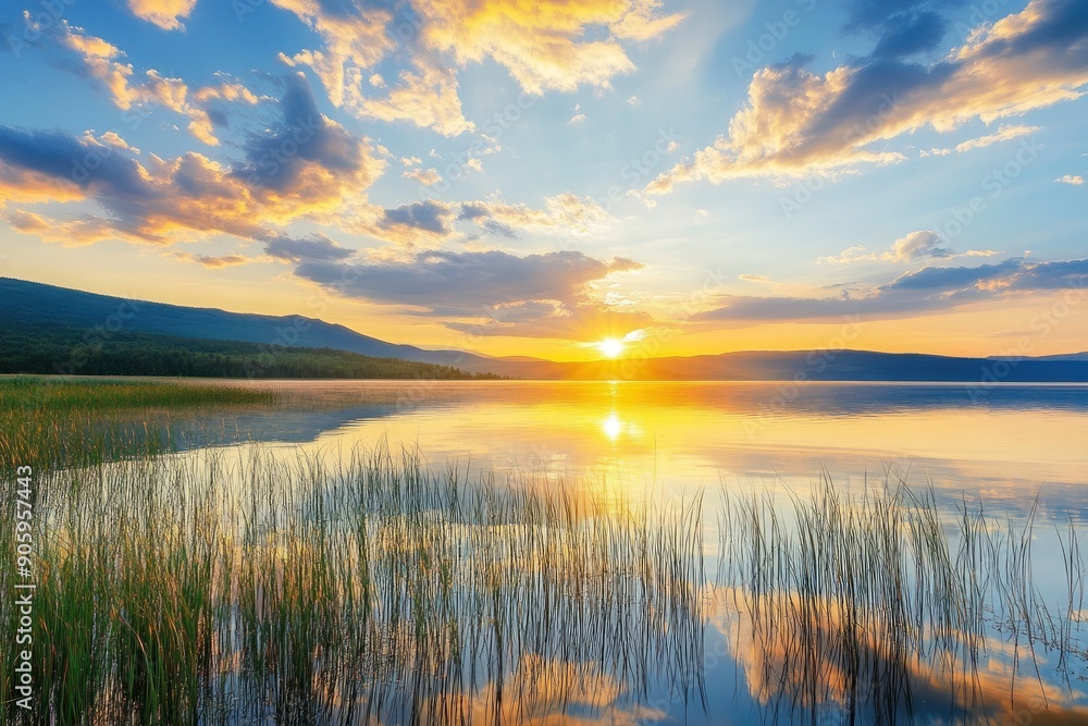 sunset at coast of the lake. Nature landscape. Nature in northern Europe. reflection, blue sky and yellow sunlight. landscape during sunset, ai sunset at coast of the lake. Nature landscape. Nature in northern Europe. reflection, blue sky and yellow sunlight. landscape during sunset, ai