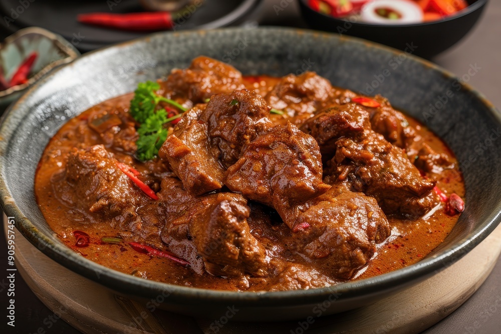 Close-up of a bowl of spicy beef stew with red peppers and parsley garnish Close-up of a bowl of spicy beef stew with red peppers and parsley garnish
