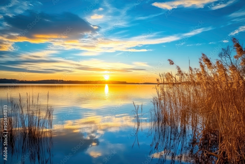sunset at coast of the lake. Nature landscape. Nature in northern Europe. reflection, blue sky and yellow sunlight. landscape during sunset, ai sunset at coast of the lake. Nature landscape. Nature in northern Europe. reflection, blue sky and yellow sunlight. landscape during sunset, ai