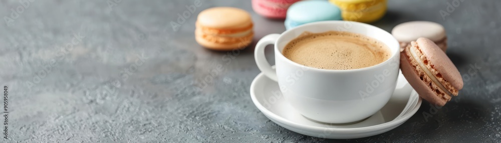 A cup of cappuccino with macarons on a wooden table. A cup of cappuccino with macarons on a wooden table.