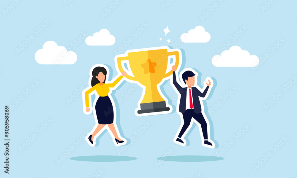 Team success partnership and teamwork to win business competition, achieve goals, and cooperate effectively, concept of A businessman and businesswoman partner celebrate their victory with a trophy Team success partnership and teamwork to win business competition, achieve goals, and cooperate effectively, concept of A businessman and businesswoman partner celebrate their victory with a trophy