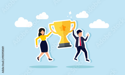 Team success partnership and teamwork to win business competition, achieve goals, and cooperate effectively, concept of A businessman and businesswoman partner celebrate their victory with a trophy