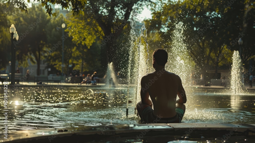 Man Silhouetted Against a Fountain in a Park Man Silhouetted Against a Fountain in a Park
