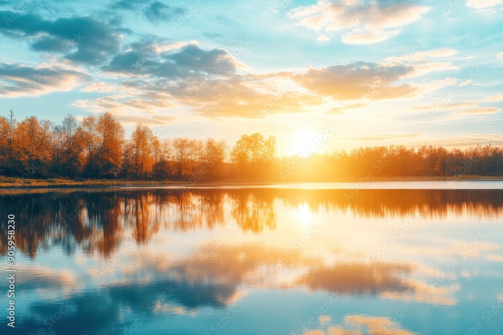 sunset at coast of the lake. Nature landscape. Nature in northern Europe. reflection, blue sky and yellow sunlight. landscape during sunset, ai sunset at coast of the lake. Nature landscape. Nature in northern Europe. reflection, blue sky and yellow sunlight. landscape during sunset, ai