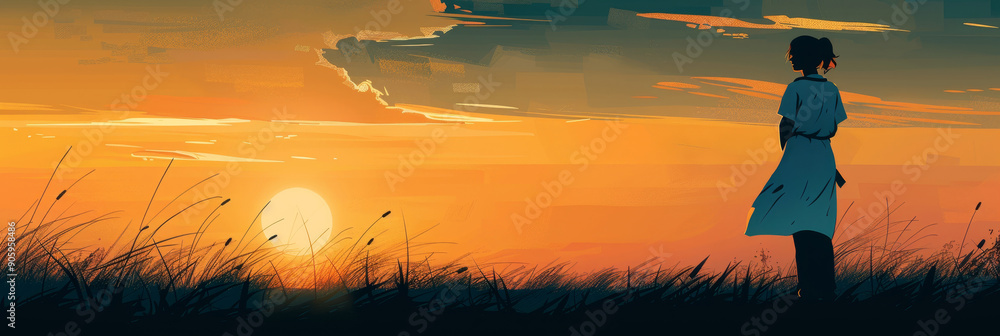 Fototapeta premium Woman Silhouette at Sunset with Golden Sky and Grass - A solitary woman stands in silhouette against a vibrant sunset, with golden sky and a field of grass in the foreground, symbolizing reflection, p