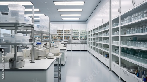 Clean pharmaceutical lab with organized shelves of chemicals