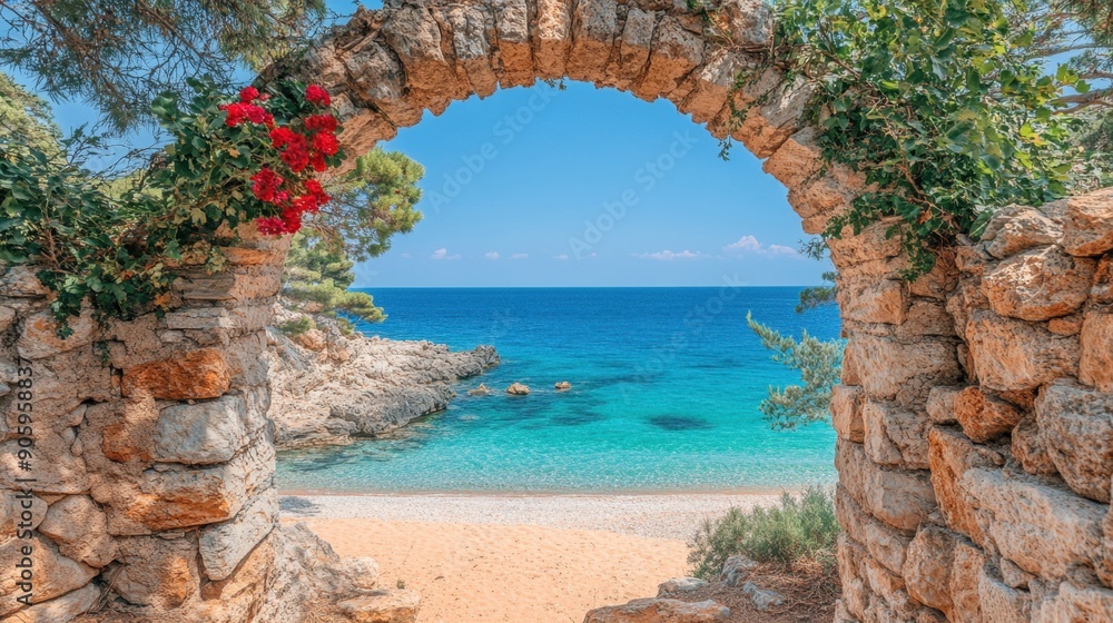 Scenic coastal view through stone archway, overlooking crystal clear turquoise waters and sandy beach with vibrant red flowers. Scenic coastal view through stone archway, overlooking crystal clear turquoise waters and sandy beach with vibrant red flowers.