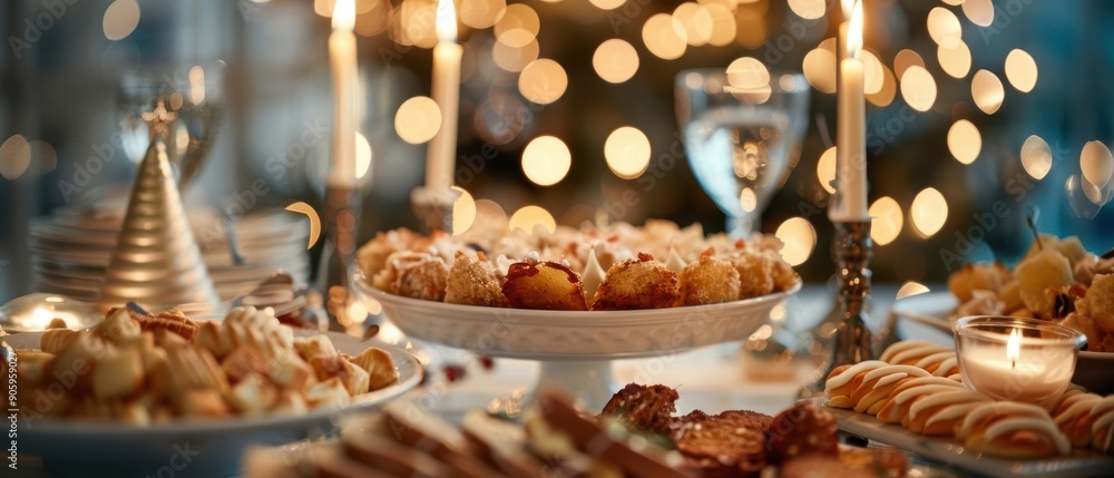 A table set for a festive dinner with candles, plates of food, and a warm, inviting ambiance. A table set for a festive dinner with candles, plates of food, and a warm, inviting ambiance.