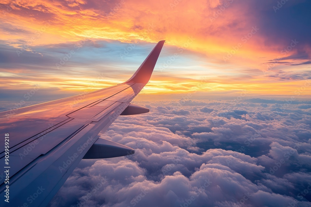 Beautiful sunset sky above clouds with dramatic light. Cabin view from airplane, ai Beautiful sunset sky above clouds with dramatic light. Cabin view from airplane, ai