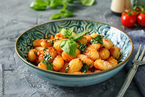 Gnocchi with tomato sauce, basil and salt, in a blue patterned bowl