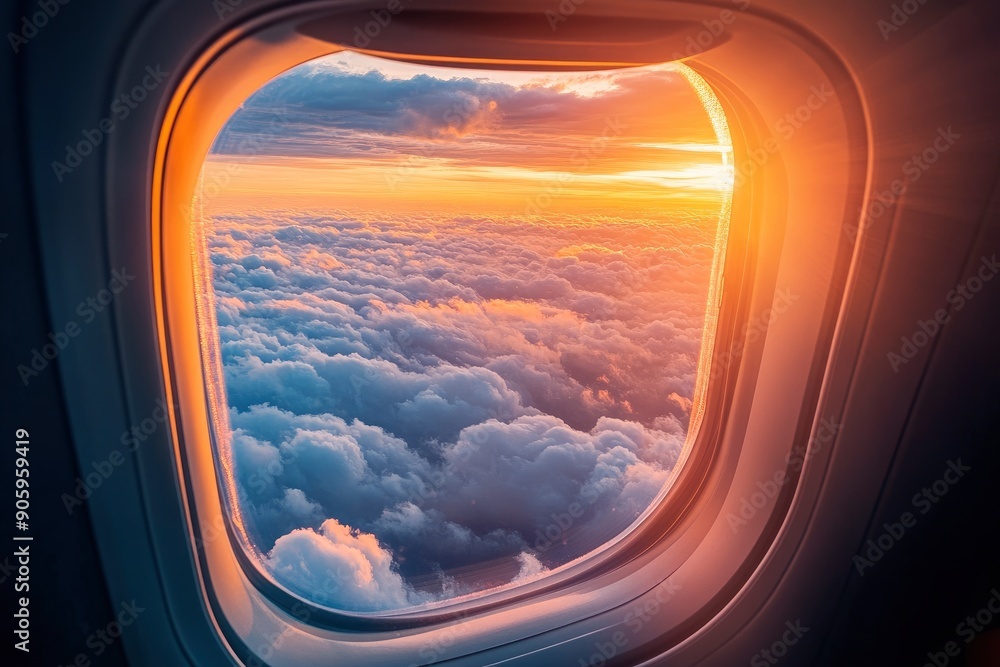 Beautiful sunset sky above clouds with dramatic light. Cabin view from airplane, ai Beautiful sunset sky above clouds with dramatic light. Cabin view from airplane, ai