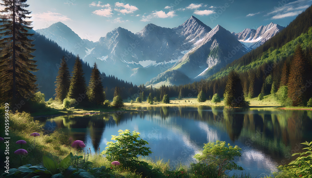 A serene mountain landscape with a clear blue sky, towering peaks covered in snow, and a tranquil lake reflecting the mountains and sky A serene mountain landscape with a clear blue sky, towering peaks covered in snow, and a tranquil lake reflecting the mountains and sky