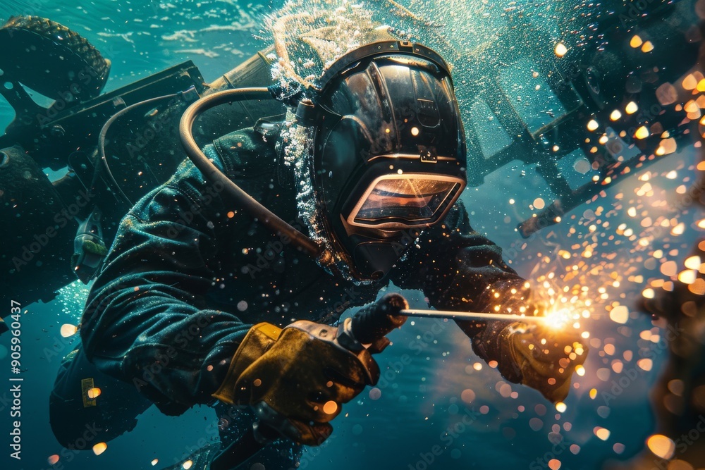 custom made wallpaper toronto digitalA diver wearing a welding helmet and scuba gear works underwater with sparks flying in front of him.
