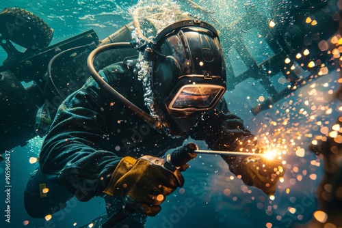 Wallpaper Mural A diver wearing a welding helmet and scuba gear works underwater with sparks flying in front of him. Torontodigital.ca