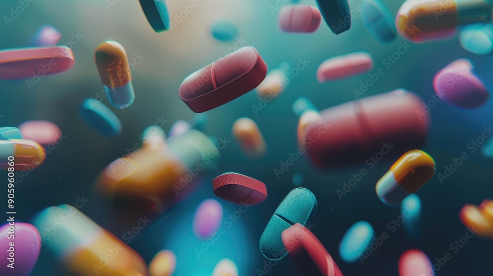 Close-up of colorful pills floating in mid-air Close-up of colorful pills floating in mid-air