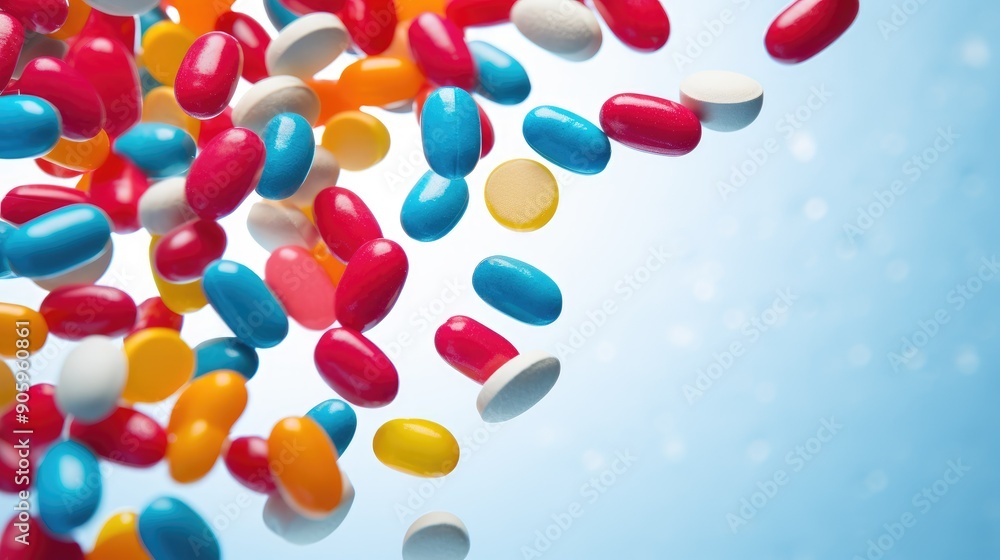 Close-up of colorful pills floating in mid-air Close-up of colorful pills floating in mid-air