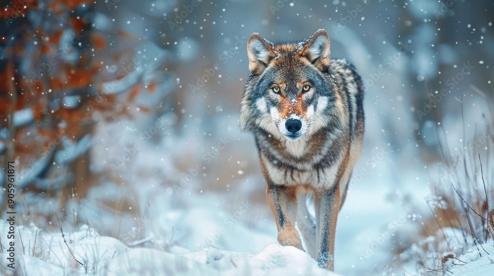 Obraz premium A fierce wolf moves silently through the snowy terrain, its gaze unwavering and determined. The icy landscape accentuates the wolf’s predatory instincts and the harsh beauty of its environment.