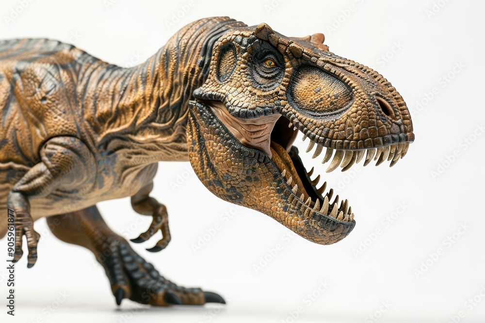 Obraz premium Tyrannosaurus Rex toy is showcased against a white background, highlighting its realistic texture and fierce expression. This model is perfect for dinosaur enthusiasts and collectors alike.