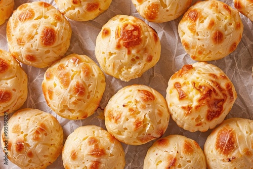 Close-up of Golden-Brown Cheesy Bread Balls on Parchment Paper photo