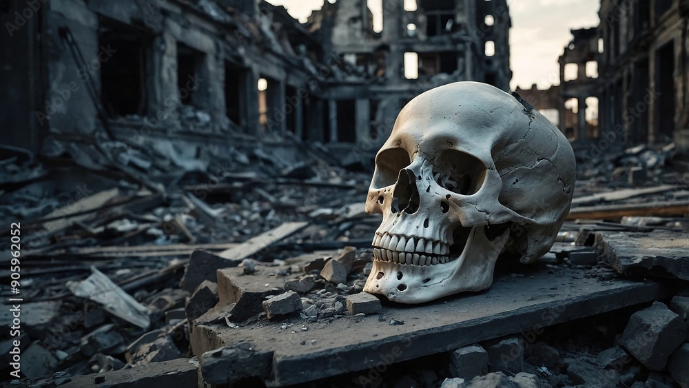 A Human Skull Resting Amidst the Rubble of a Destroyed Building. The scene is bleak and haunting, a stark reminder of the destruction caused by war A Human Skull Resting Amidst the Rubble of a Destroyed Building. The scene is bleak and haunting, a stark reminder of the destruction caused by war