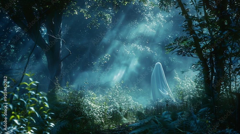 Obraz premium A ghost stands alone in the middle of an enchanted forest