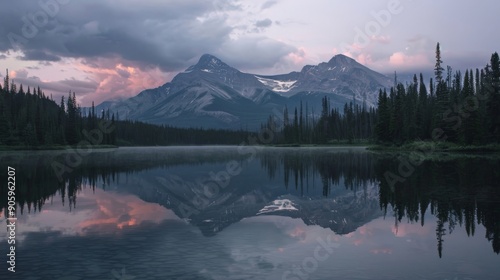 Mountain lake with reflections of surrounding peaks at dawn