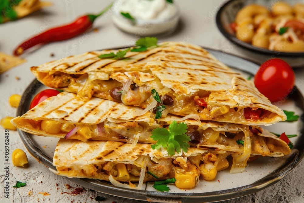 Three Crispy Quesadillas with Melted Cheese, Corn, and Cilantro Three Crispy Quesadillas with Melted Cheese, Corn, and Cilantro