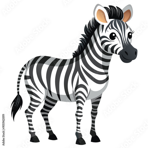 Cartoon Zebra with Black and White Stripes Standing on White Background