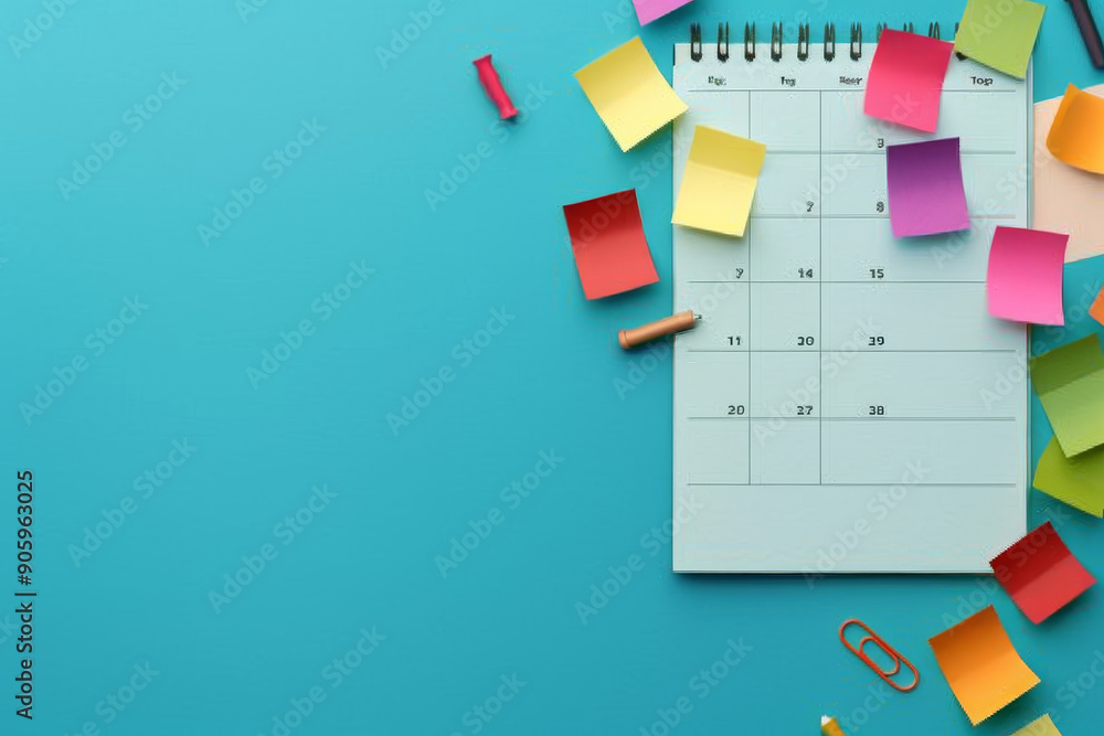 custom made wallpaper toronto digitalBlank calendar page with colorful sticky notes for reminders and scheduling on blue background. Concept of organization, planning, and time management