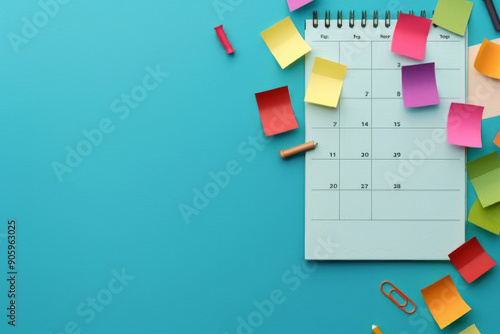 Blank calendar page with colorful sticky notes for reminders and scheduling on blue background. Concept of organization, planning, and time management photo