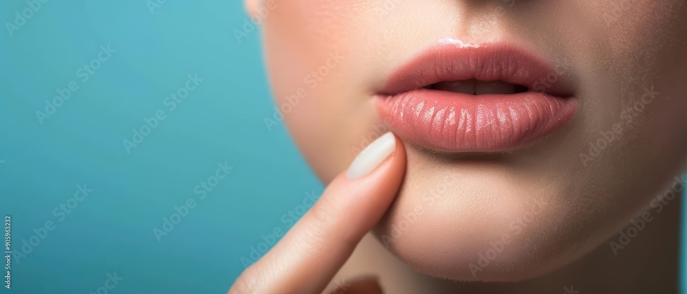 Obraz premium A woman using a lip balm, gently rubbing it onto her lips with a calm expression