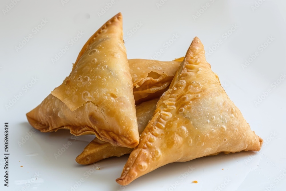 Three Golden Fried Pastries on a White Surface Three Golden Fried Pastries on a White Surface