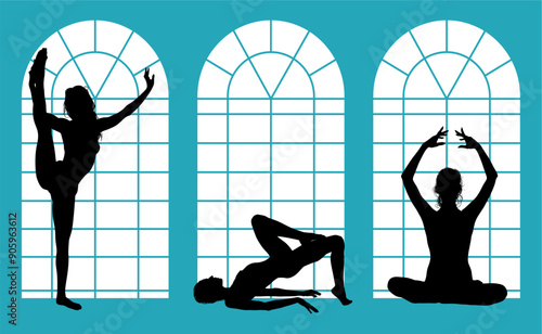 vector silueta femenina, yoga, ballet, estiramientos, deporte, flexibilidad, postura yoga, ventanal, contra luz