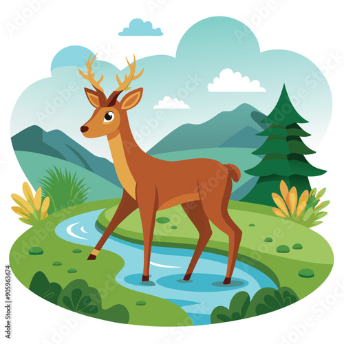 A Deer Standing by a River in a Mountainous Landscape