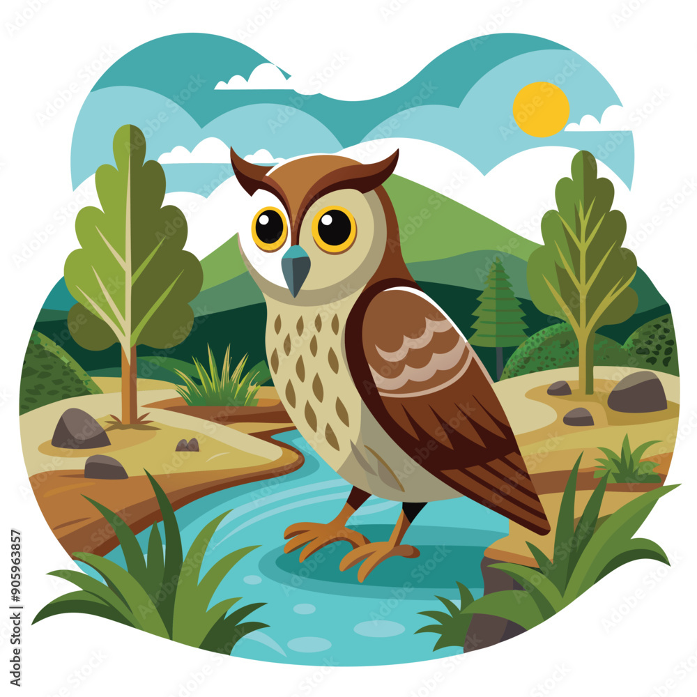 Obraz premium Owl by a River in a Forest Landscape