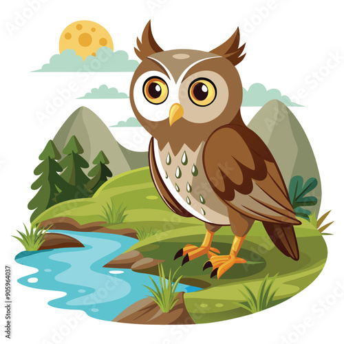 A cartoon owl standing on a grassy river bank under a crescent moon