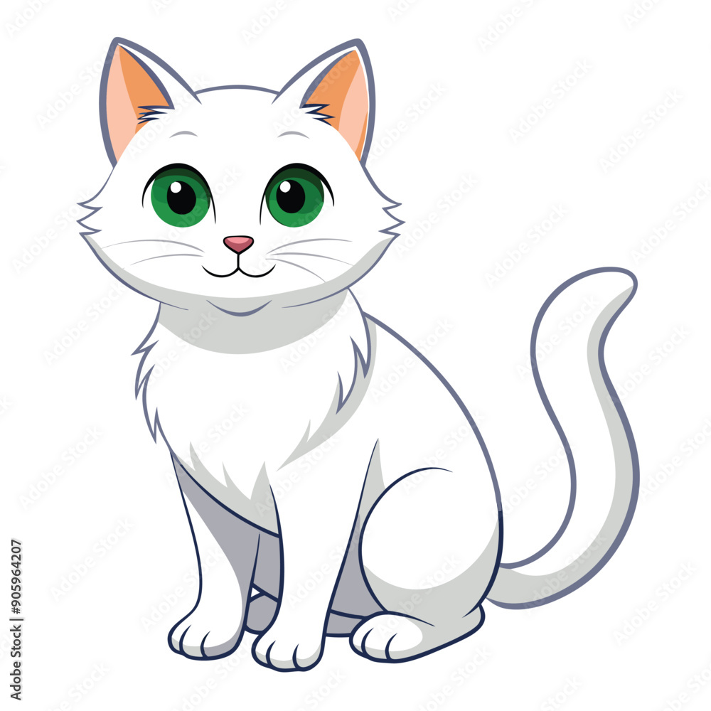 Cartoon Illustration of a White Cat with Green Eyes Cartoon Illustration of a White Cat with Green Eyes